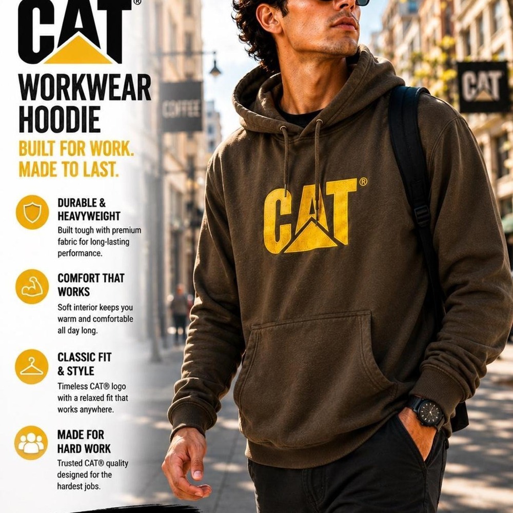 CAT Caterpillar Pullover Hoodie Men's Large Brown Logo Sweatshirt